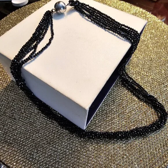 Black Spinel Rhodium Over Silver Multi-Strand Beaded Necklace